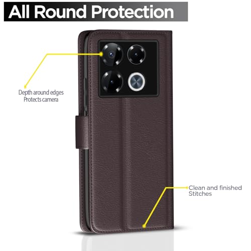 Image of Pikkme Flip Cover Leather Finish | Inside TPU with Card Pockets | Wallet Stand and Shock Proof | Complete Protection Button Flip Case for Infinix Note 40 Pro Plus 5G(Coffee)
