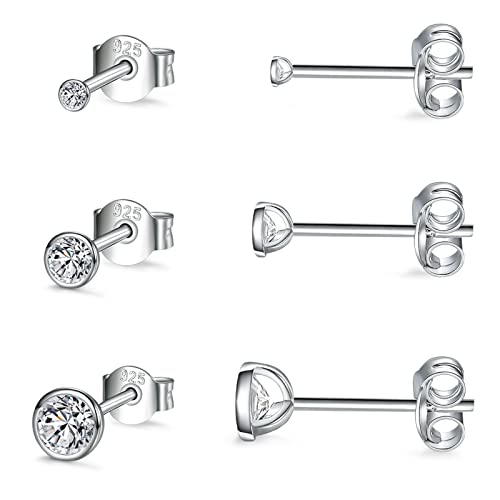 EPIRORA Sterling Silver Stud Earrings for Women Men- 3 Pairs of Tiny Round Cubic Zirconia Earrings CZ Small Cartilage Tragus Earrings(2mm/3mm/4mm)