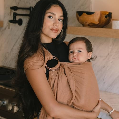 Image of WildBird - Ring Sling Baby Carrier - 0-36 Months (up to 35 lbs) - Long (90 inch) Willow & Gold Ring - Front, Hip or Back Carry - Adjustable Fit - Natural Linen - Baby Essentials - New Mom Gifts