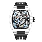 ＨＡＯＦＡ 腕時計メンズ スケルトン時計 サメ文字盤 機械式自動巻き 水晶ガラスケース パワーリザーブ 60時間 中空の文字盤 トノー型 夜光 防水 紳士 うで時計 男性プレゼント, ブラック