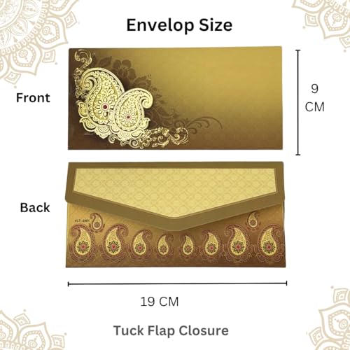 Image of Pack of 20, Golden Paisley Design Fancy Shagun Envelopes for Gifting Money Rectangle Shape Velvet Finish Paper Designer Sagan Lifafa Wedding Cash, 19 X 9 cm, Mustard Yellow Color