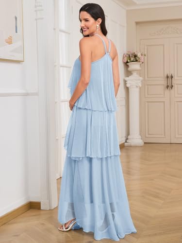 Image of AISWI Maternity Halter Neck Maxi Dress Sparkly Mesh Tiered Ruffle Pregnancy Gown with Flower for Baby Shower Photoshoot