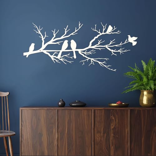 ESTART Metal Birds Wall Art, Metal Vivid Birds on Branch Silhouette Wall Decor White Leaves with Bird Outdoor Hanging Wall Sculpture for Home Living room Bedroom Balcony Garden (White, Small)