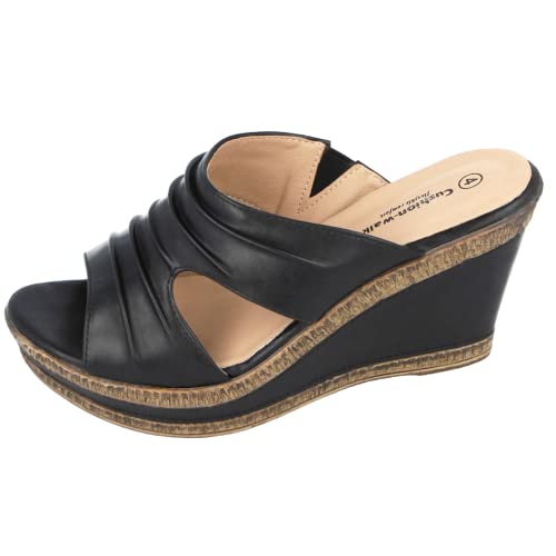 Ladies Leather Lined Peep Toe Mid Wedge Mule Sandals (Black, numeric_6) - Image 5