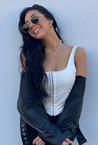 TOB Women's Sexy Sleeveless Central Single-Row Clasp Club & Night Out Crop Tank Top White - Image 3