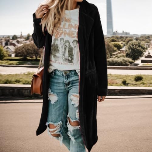 TIAFORD Women's Velvet Long Cardigan Solid Long Sleeve Jacket Open Front Cardigan Wind Coat with Pockets Loose Outerwear2