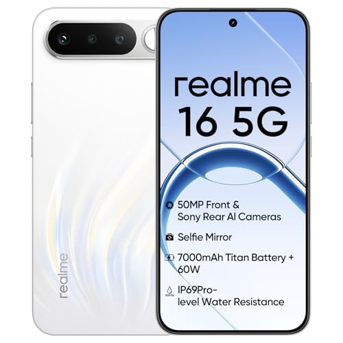 realme 16 5G Smartphone 8+256GB, Battery 7000mAh, Front Camera 120Hz AMOLED Display, MediaTek Dimensity 6400 Turbo Processor, IP69, Air White
