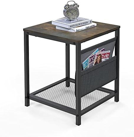 ANYHI Side Table, 2-Tier End Table With Storage Shelf and Cloth Side Pocket, Industrial Nightstand Beside Sofa Table for Living Room/Bedroom Easy Assembly Rustic Brown