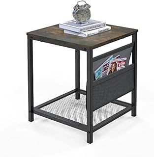 ANYHI Side Table, 2-Tier End Table With Storage Shelf and Cloth Side Pocket, Industrial Nightstand Beside Sofa Table for Living Room/Bedroom Easy Assembly Rustic Brown