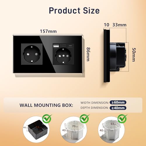 BSEED Doppelsteckdose Schuko Steckdose mit einem USB/Typ C 16Amp USB C Steckdose Unterputz Steckdose Glas Einbausteckdose mit 157mm Wandsteckdose Schwarz