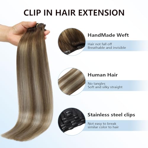 Image of COOKAYU Clip in Hair Extensions Real Human Hair, 18inch 120g 7Pcs 3 /8 /22 Walnut Brown to Ash Brown and Blonde Hair Extensions Clip in Human Hair Thick Silky Straight Extensions