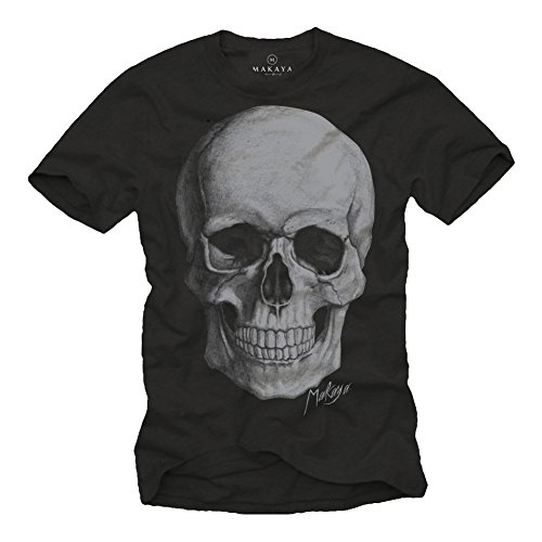 MAKAYA Death Skull Cranio T-Shirt Gotico Maglietta Biker Uomo Nera M