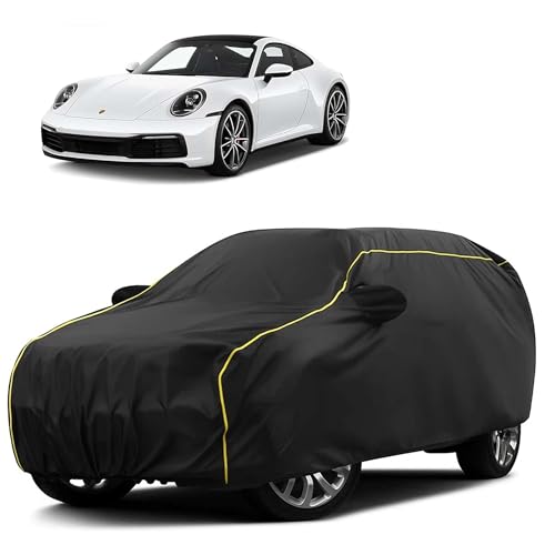 Image of Sulfar 100% Water Resistant Car Body Cover Compatible with Mirror for Porsche 911 (Triple Stitched, Full Bottom Elastic, Black Taffeta with Yellow Piping)