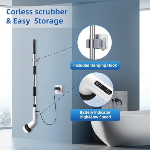 Image of Electric Spin Scrubber Bathroom - Adjustable Handle Cordless Shower Scrubber, 2 Speeds, Bathroom Scrubber with 8 Replaceable Brush Heads, Power Scrubber for Bathtub Cleaning