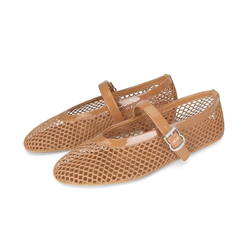 DOEYG Brown Mesh Ballet Flats for Women Round Toe Mesh Flats Ballerina Shoes Buckle Strap Mesh Mary Jane Flats Comfortable Casual Dressy Summer Fishnet Flats Shoes Tan Size 8