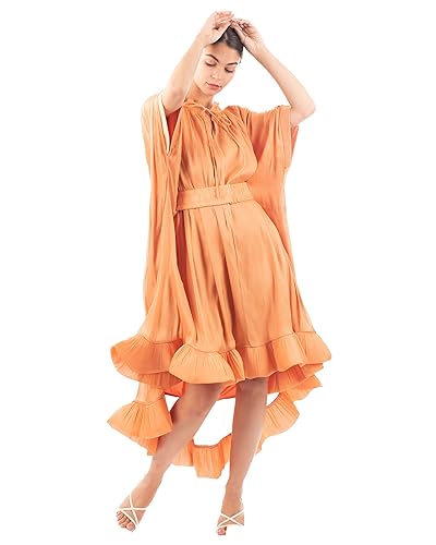 Robe midi oversize orange femme avec ceinture et volants