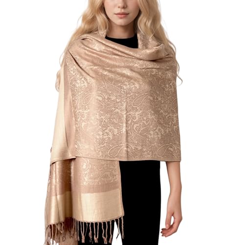 Achillea Two Tone Vintage Jacquard Paisley Pashmina Shawl Wrap Scarf (Taupe)