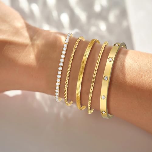 5Pcs Gold Bracelets for Women Trendy,Dainty 14K Real Gold Plated Jewelry Sets for Women,Waterproof,Thin Small Cute Chain Bracelets,Fashion Accessories Jewelry Gifts for Women Adjustable 7"+2"4