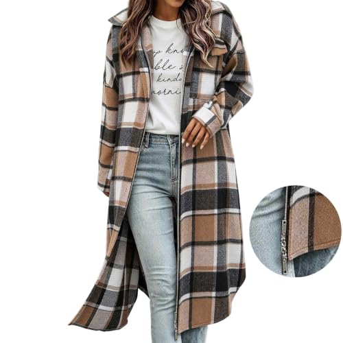 Aymnlox Womens Long Plaid Shacket Jacket Full Zip Fall Casual Trench Coat - image 7