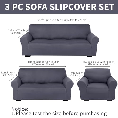 Peryiter 3 Pcs Slipcover Set for Couch Furniture Covers for Sofa Loveseat Couch Arm Chair, Form Fit Stretch, Wrinkle Free, Furniture Protector(Dark Gray,Milk Silk Spandex) - Thumbnail 2