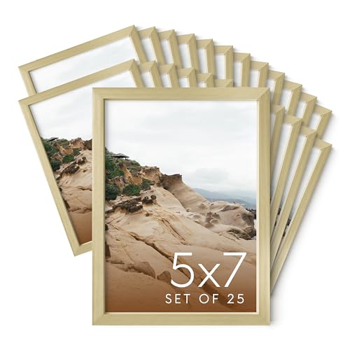 HAUS AND HUES 5x7 Gold Metal Picture Frames - 5X7 Frames Bulk - Features Premium Aluminum, Vertical Hanging, Easel Back for Tabletop, Home, Office (5x7 in, Gold, Set of 25)