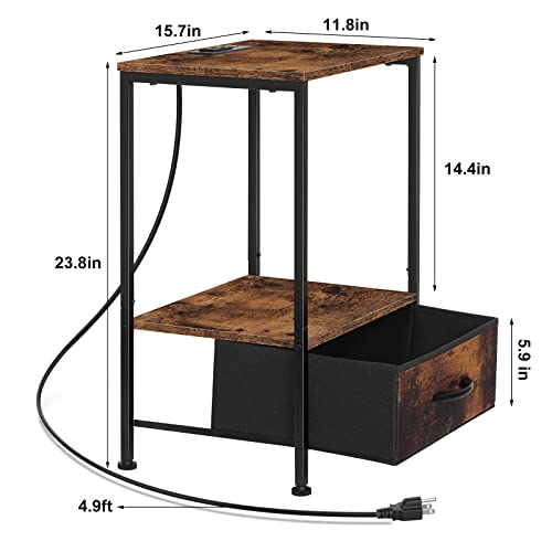 Nightstand With Charging Station, End Table With Usb Ports And Outlets 2 Tier Bedside Table With Fabric Drawer Industrial Night Stand With Storage Shelf For Bedrooms Living Room, Rustic Brown #TOP2