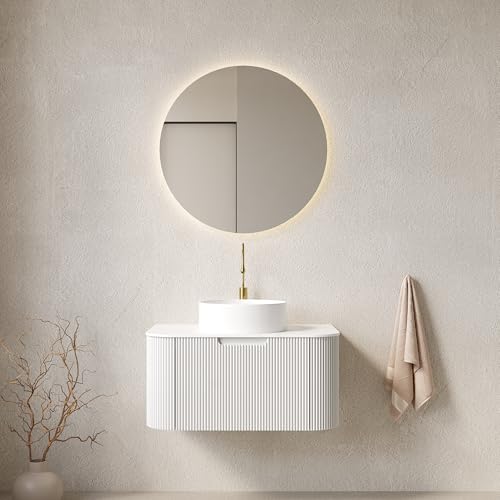 Image of KEIKI 30 inch Vanity with Sink, Floating Bathroom Cabinet with Soft-Close Drawer, 3D Striped Plywood Storage, Vessel Sink-Ready Modern Wall Vanity, White