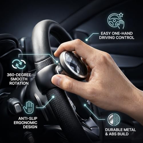 Image of Eliane Universal Car Steering Wheel Power Knob 360 Rotation Spinner Ball Handle | Non-Slip ABS Grip | 360 Degree Steering Booster for Cars, Trucks, Tractors - Black
