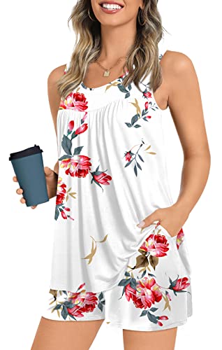 Popyoung 2023 Women's Pajamas Sets, Summer Sleevelesss Tank Tops With Comfy Shorts, Lounge Sleepwear 2 Piece Ladies Pjs Sets With Pockets 2Xl, Floral White #TOP24