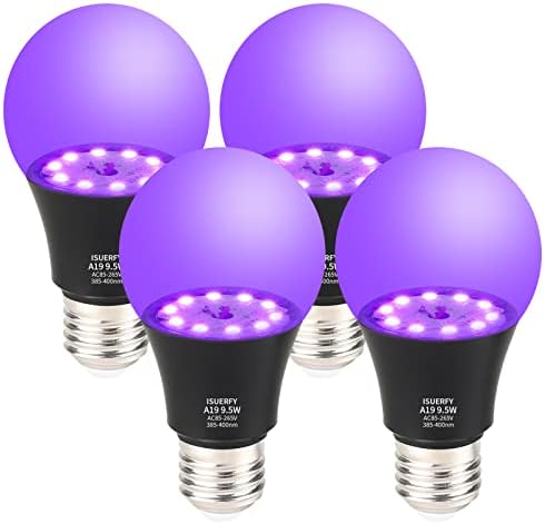 ISUERFY 9.5W A19 Black Light Bulb, 70W Equivalent, E26 Base LED Blacklight 385-400nm, Glow in The Dark for Blacklight Party Body Paint Fluorescent Club Home Halloween Decor, 4 Pack