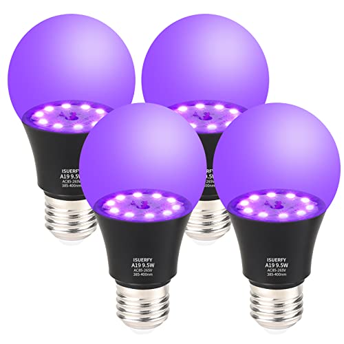 Isuerfy 9.5W A19 Black Light Bulb, 70W Equivalent, E26 Base Led Blacklight 385-400Nm, Glow In The Dark For Blacklight Party Body Paint Fluorescent Club Home Halloween Decor, 4 Pack #TOP4