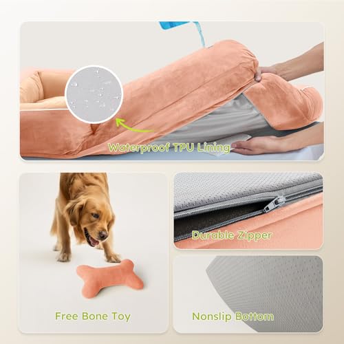 Image of CWAWZ Dog Beds for Large Dogs, Orthopedic Dog Bed with Cooling Gel Memory Foam, Waterproof Large Pet Bed with Removable Washable Cover, 36 inch Pet Sofa Couch Dutch Velvet with Bone Toy, Peach Pink