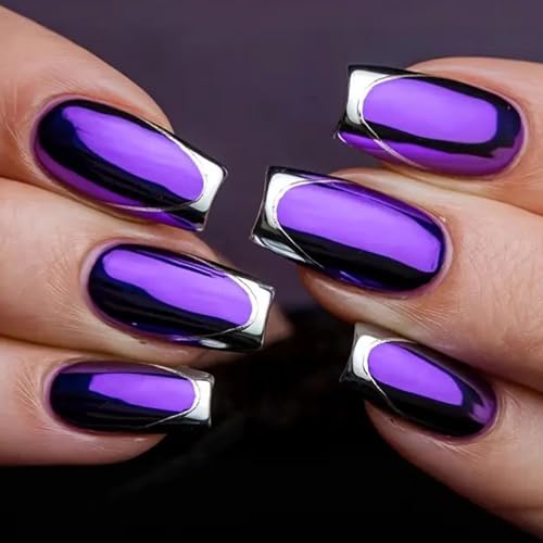 MISUD Press on Nails - Short Square Fake Nails with Purple, Acryl...
