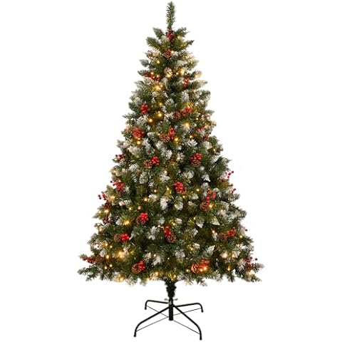 6 Ft Artificial Christmas Tree, Full Fake Christmas Tree with 800 Branch Tips Pine Cones Berries Metal Stand for Home Office Party Christmas Decoration Cover