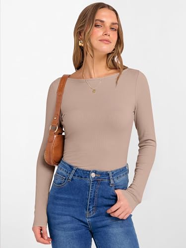 Image of ANRABESS Women's Boat Neck Long Sleeve Shirts Rib Knit Slim Fitting Tops Basic Tees 2026 Casual Comfy Fall Outfits Clothes