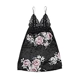 Midnight Surprise Floral Lace Sheer Slip Dress – Transparent Lace Nightwear Chemise for Women – Elegant Romantic Sleepwear Lingerie(Black,Large)