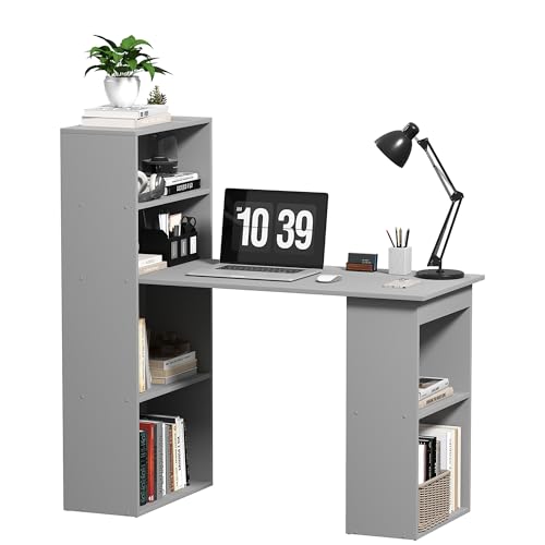 HOMCOM Modern Home Office Desk with 6-Tier Storage Shelves, 47' Writing Desk with Bookshelf, Gray