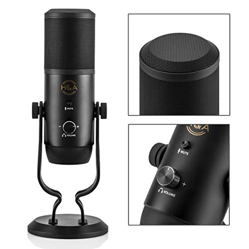 H&A Usb Mic For Recording & Streaming On Pc And Mac, 5 Condenser Capsules, 5 Pickup Patterns, Headphone Output And Volume Control, Mic Gain Control, Adjustable Stand, Plug & Play - Blackout #TOP1