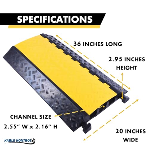 Image of Kable Kontrol Atlas Heavy Duty Cable Protector Ramp - 3 Channel - 1 Pc - 36 inch Long Black & Yellow - 44000 Lbs Capacity - Rubber Speed Bump Wire Protector Cord Cover - CP9986