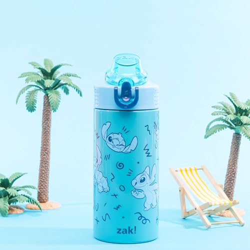 Image of Zak Designs Disney Sage Kids Water Bottle For School or Travel, 14oz Stainless Steel Water Bottle With Straw, Handle, and Leak-Proof, Pop-Up Spout Cover (Stitch)