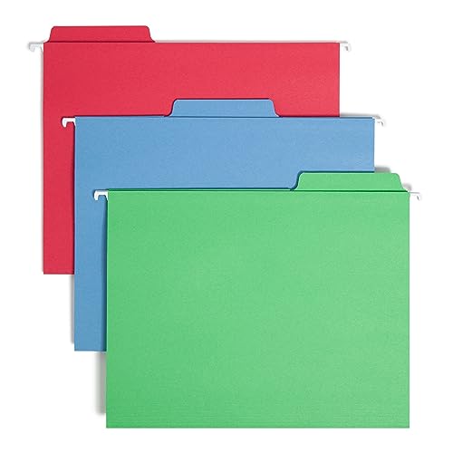 Image of Smead FasTab Hanging File Folder, 1 /3-Cut Built-in Tab, Letter Size, Assorted Primary Colors, (64053) 18 Count (Pack of 10)