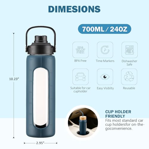 Image of 24 oz Glass Water Bottle with Straw - 2 Lids (Bamboo & Spout Lid), Motivational Borosilicate Glass Daily Water Intake Bottle with Time Marker, Silicone Sleeve for Gym Home Office-Dark Blue