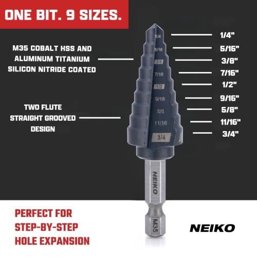 Image of NEIKO 10607B Step Drill Bit, 9 Steps 1 /4 inch to 3 /4 inch Straight M35 Cobalt, AlTiSiN Coated, 1 /4 inch Quick Change Step Bits for Steel, Metal, Wood, Plastic, Unibit Cone Drill Bits, Two Flute