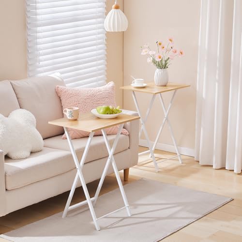 Image of HOOBRO Folding TV Tray Tables, Set of 4 TV Trays with Storage Rack, Industrial Side Table for Eating at Couch, Foldable Snack Table for Small Space, Easy Assembly, Natural and White, WN50BZ01