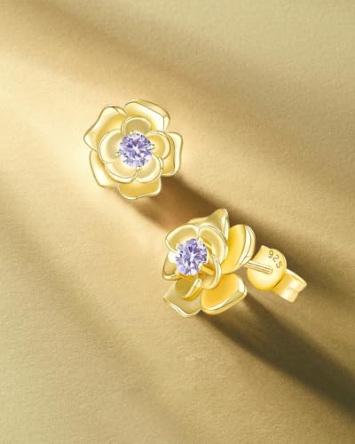 14K Gold Plated Rose Stud Earrings, Hypoallergenic with 925 Sterling Silver Posts, Birthstone Jewelry for Women, Dainty Anniversary Birthday Gifts2