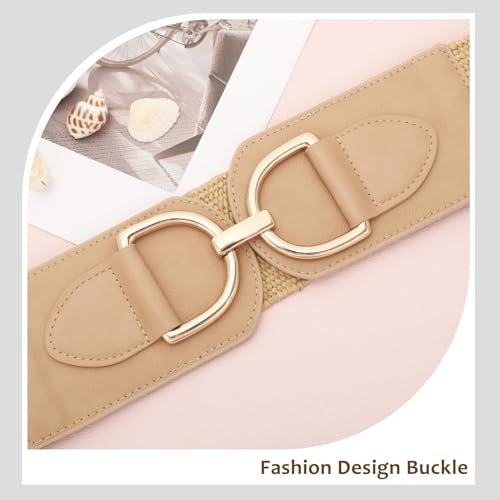 VONMELLI Straw Woven Elastic Belt for Women Dress, Stretchy Boho Rattan Braided Belt Wide Raffia Waist Belts2