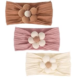 3 Pcs Baby Flower Headbands Baby Girls Nylon Headband Soft Hairbands Hair Accessories for Newborn Infant Toddler Kids (Yellow,Pink,Brown)