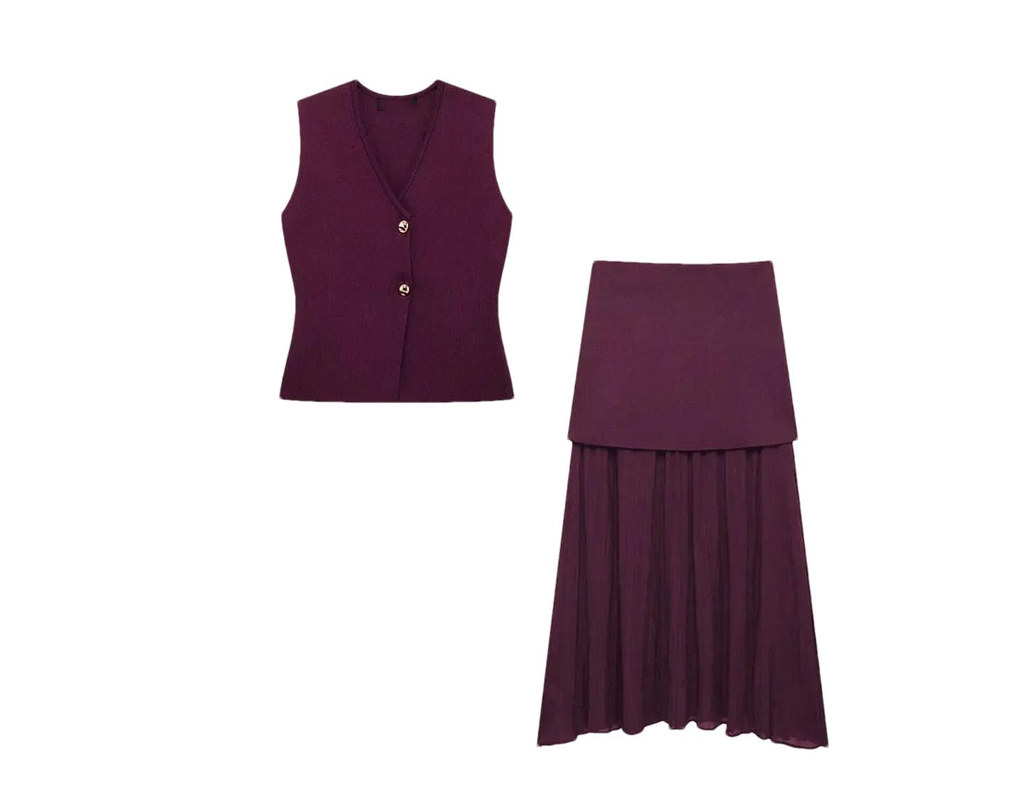 Set da 2 pezzi da donna con scollo a V, senza maniche, con bottoni, top con cerniera laterale, gonna midi, abbigliamento casual per le vacanze