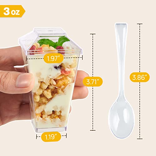 Jolly Chef 100 X 3 Oz Mini Dessert Cups With Spoons And Lids, Square Tall - Clear Plastic Parfait Appetizer Cup - Small Reusable Serving Bowl For Party Desserts Appetizers #TOP1