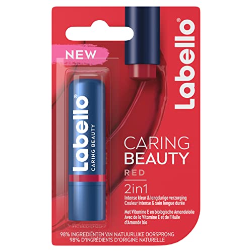 Labello Caring Beauty Rouge (1 x 5,5 ml), Stick à lèvres au beurre de karité et huile d’amande, Baume à lèvres à la couleur rouge vibrante pour 24 H d’hydratation Cover
